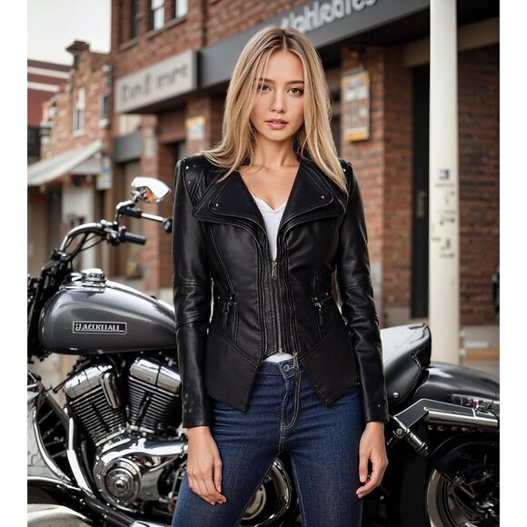 Women's Faux Leather Moto Biker Jacket Long Sleeves with Pockets Jk44169 Black - Picture 3 of 6